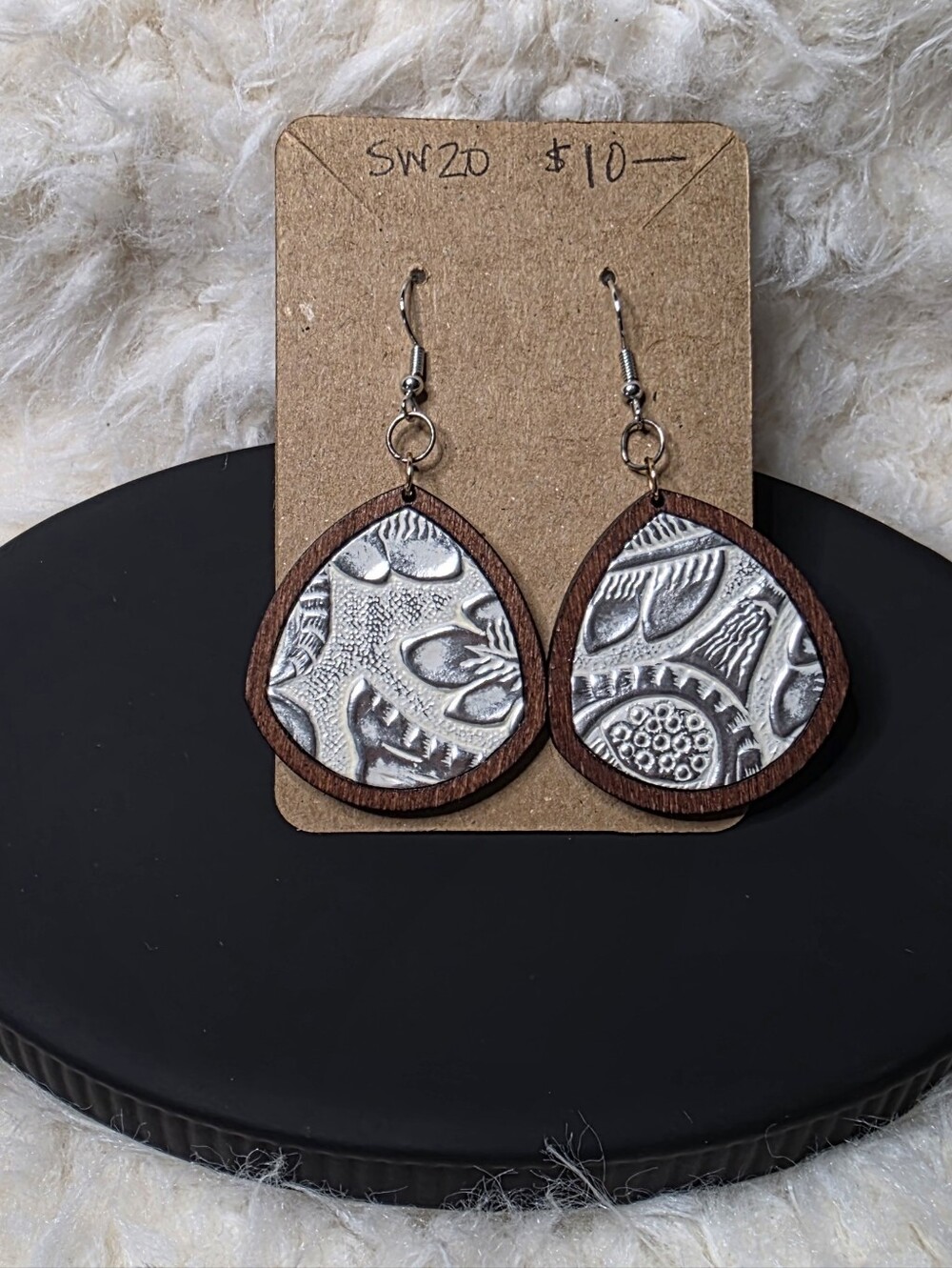 Teardrop Silver & Wood Textured Earrings